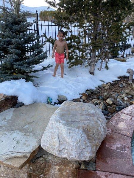 Hudson barefoot in the snow Breckenridge hot tub