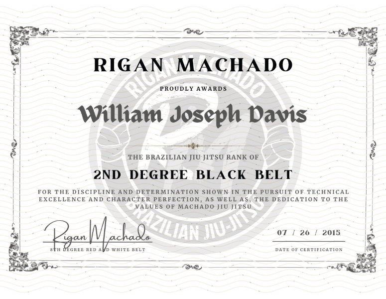 2nd Degree Black Belt Certificate from Rigan