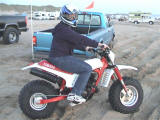 Deanna on our Yamaha BW185 at Pismo